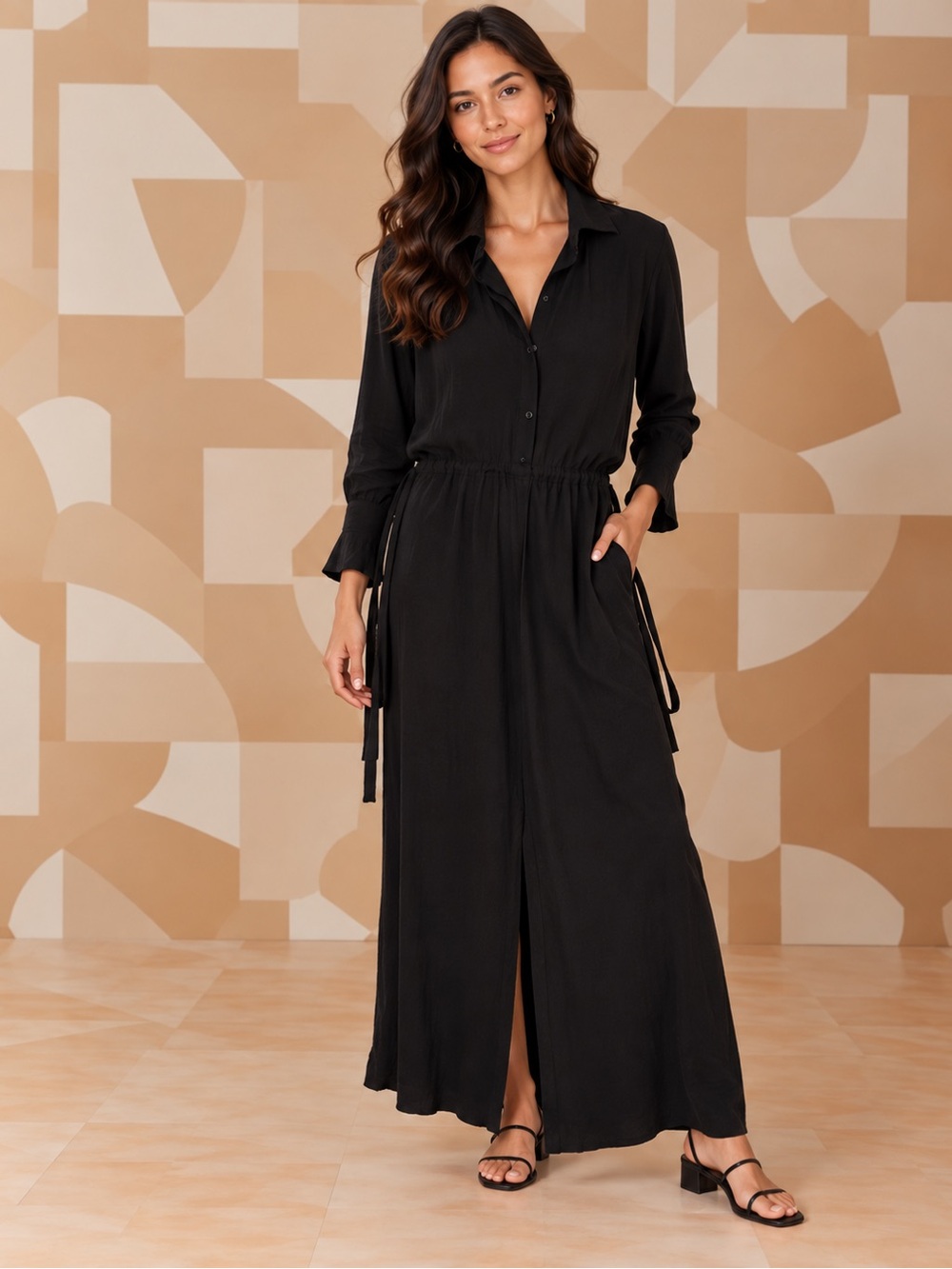 🌻MAKE OFFER🌻 Alexis 100% Silk Black Button Front Maxi Shirt Dress SZ Med